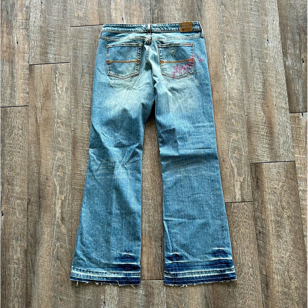Y2K Hint Jeans Womens 11 Low Rise Flare Distressed Floral Print Released Hem